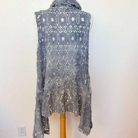 Womans long lace open vest SZ LG Hi Low sides BOHO overtop Slate blue - Picture 1 of 7